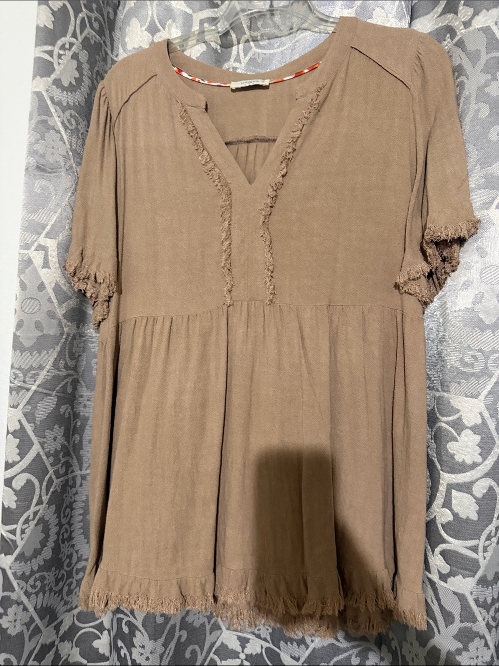 Umgee Taupe Fringe V-Neck Tunic Top
